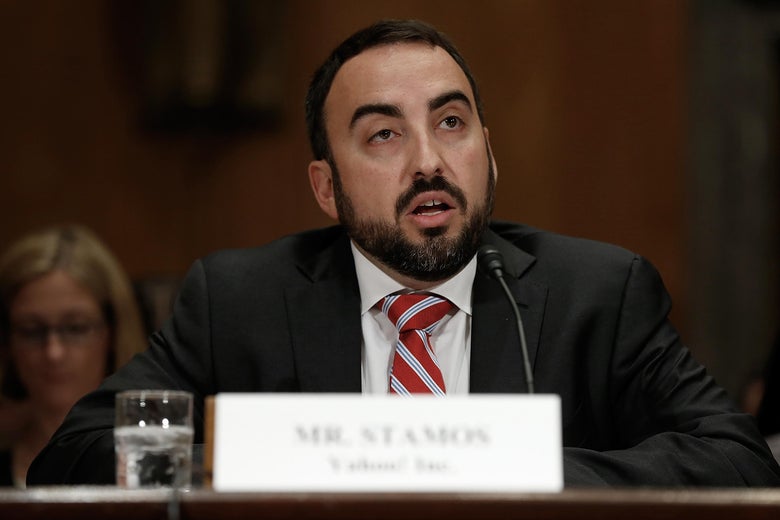 Facebook's chief security officer, Alex Stamos—shown here testifying before the Senate in 2014 in his previous role at Yahoo—is spearheading the company's effort to crack down on fake news, propaganda, and Russian election interference.
